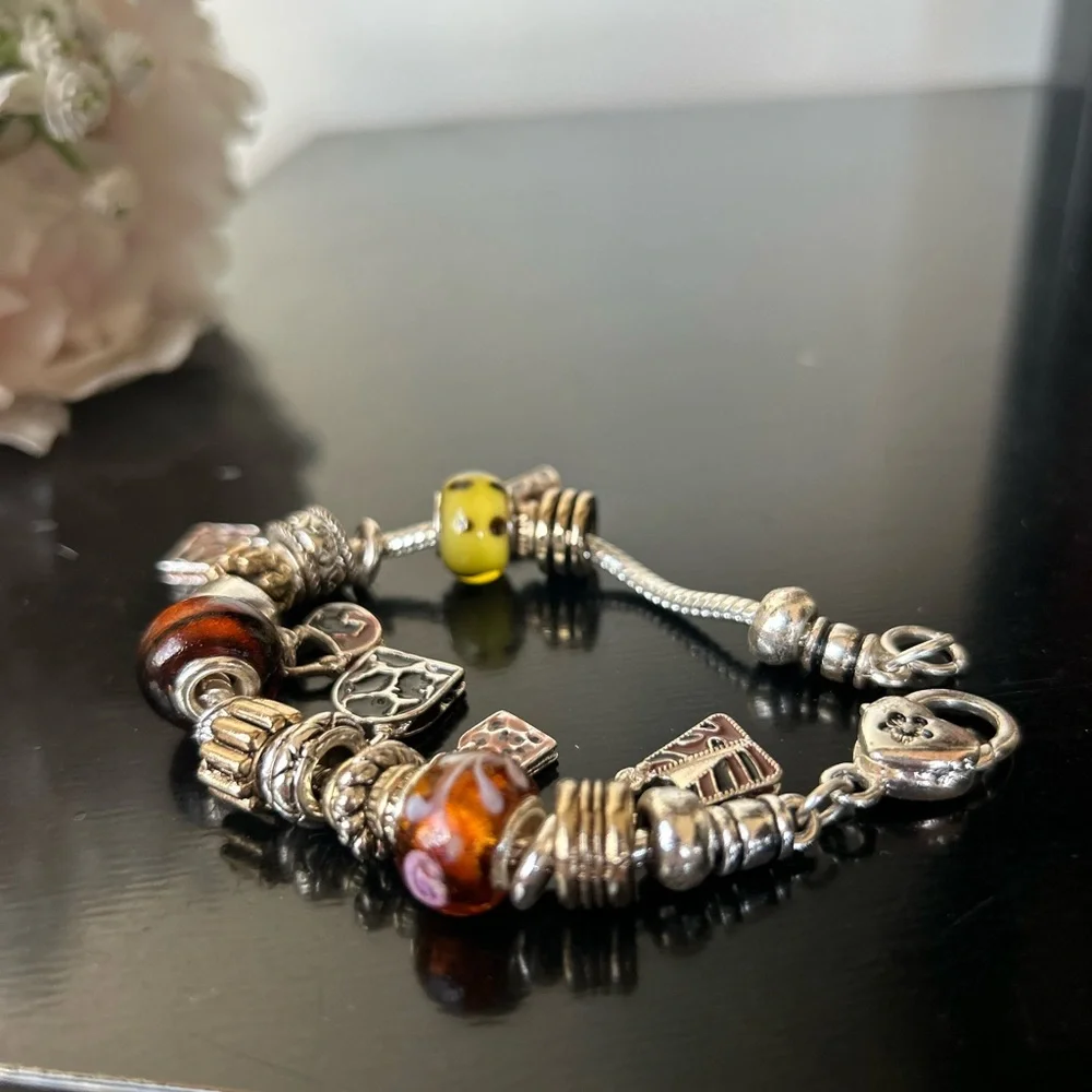 Elegant Silver and Brown Charm Bracelet
